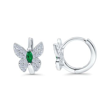 Butterfly Marquise Lever Back Earrings Hoop Huggie Design Simulated Green Emerald CZ 925 Sterling Silver (12mm)